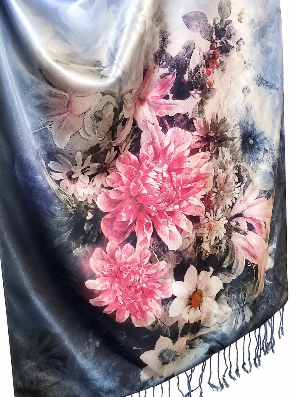 Story of Shanghai 100% Natural Mulberry Silk Floral Fringe Scarf Wrap OS NWT